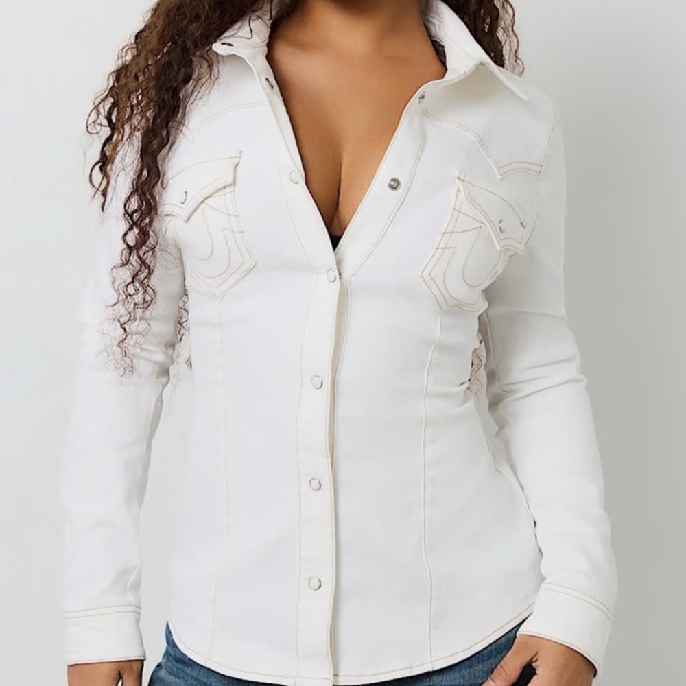 True Religion Optic White Western Pearl Snap Denim Shirt Large NWT